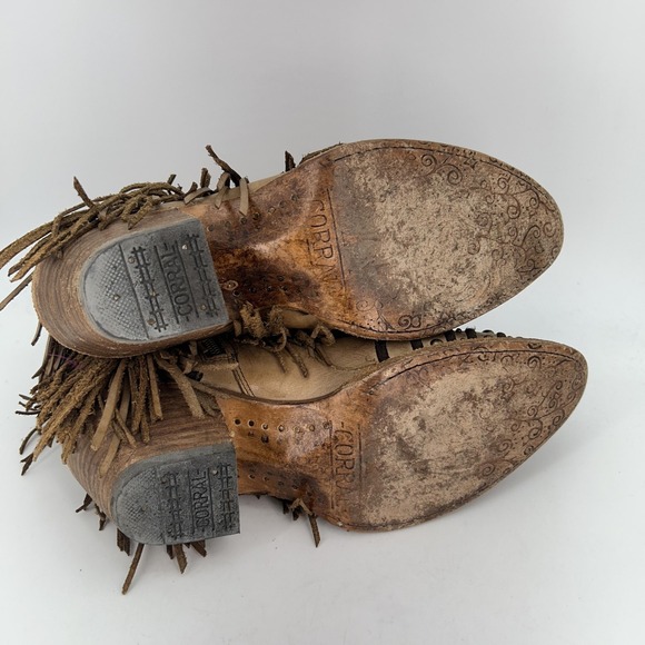 Corral Boots Womens Size 10 Tan Fringe Studded Western Cowgirl Zip Boho Ankle - Picture 7 of 16